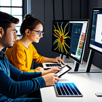 A diverse group of professional digital artists, fully clothed in modern, modest casual attire, collaborating intently in a bright, contemporary co-working studio. They are focused on high-definition graphics tablets and large monitors, which display vibrant fan art illustrations. The art on screen subtly features stylized, family-friendly characters reminiscent of Larva's Red and Yellow insects, depicted in a respectful, artistic manner. The scene emphasizes creativity, shared passion, and the seamless integration of advanced digital tools. The atmosphere is energetic and innovative, showcasing well-formed hands expertly using styluses on tablets. Perfect anatomy, natural poses, correct proportions, safe for work, appropriate content, professional dress, high quality, studio lighting.