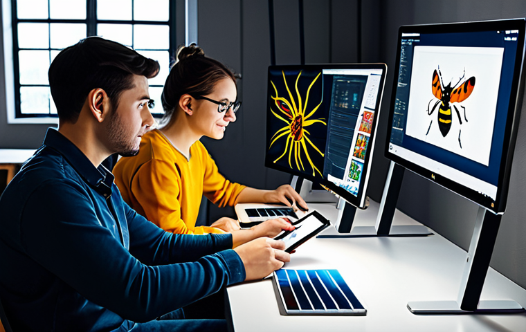A diverse group of professional digital artists, fully clothed in modern, modest casual attire, collaborating intently in a bright, contemporary co-working studio. They are focused on high-definition graphics tablets and large monitors, which display vibrant fan art illustrations. The art on screen subtly features stylized, family-friendly characters reminiscent of Larva's Red and Yellow insects, depicted in a respectful, artistic manner. The scene emphasizes creativity, shared passion, and the seamless integration of advanced digital tools. The atmosphere is energetic and innovative, showcasing well-formed hands expertly using styluses on tablets. Perfect anatomy, natural poses, correct proportions, safe for work, appropriate content, professional dress, high quality, studio lighting.