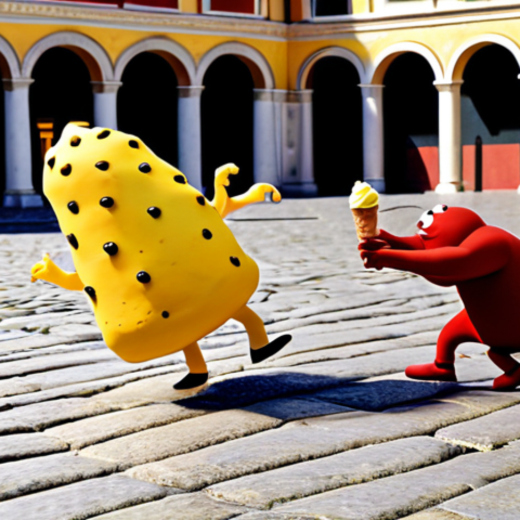 **
"Red and Yellow, the Larva characters, battling over a fallen gelato in a vibrant Roman piazza. Fully clothed, appropriate content, safe for work, perfect anatomy, natural proportions, professional animation still, family-friendly, bright colors, comedic scene, well-formed hands, proper finger count, natural body proportions."
**