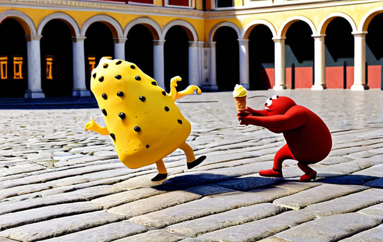 **

"Red and Yellow, the Larva characters, battling over a fallen gelato in a vibrant Roman piazza. Fully clothed, appropriate content, safe for work, perfect anatomy, natural proportions, professional animation still, family-friendly, bright colors, comedic scene, well-formed hands, proper finger count, natural body proportions."

**