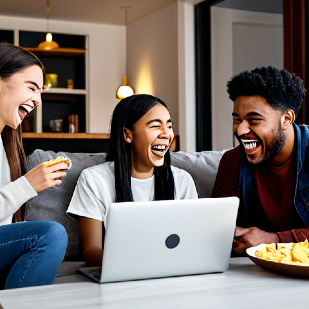 **

"A group of diverse friends in their early 20s laughing together while watching cartoons on a laptop in a cozy living room.  They are surrounded by snacks like pizza and chips.  Everyone is fully clothed in casual wear.  The scene captures the joy of sharing simple entertainment.  Modern interior design, warm lighting, safe for work, appropriate content, fully clothed, professional, perfect anatomy, natural proportions, high quality."

**