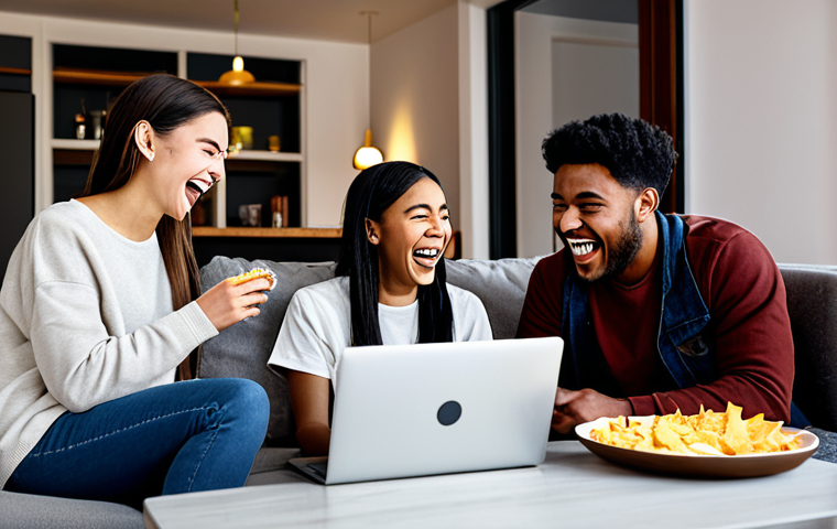 **

"A group of diverse friends in their early 20s laughing together while watching cartoons on a laptop in a cozy living room.  They are surrounded by snacks like pizza and chips.  Everyone is fully clothed in casual wear.  The scene captures the joy of sharing simple entertainment.  Modern interior design, warm lighting, safe for work, appropriate content, fully clothed, professional, perfect anatomy, natural proportions, high quality."

**