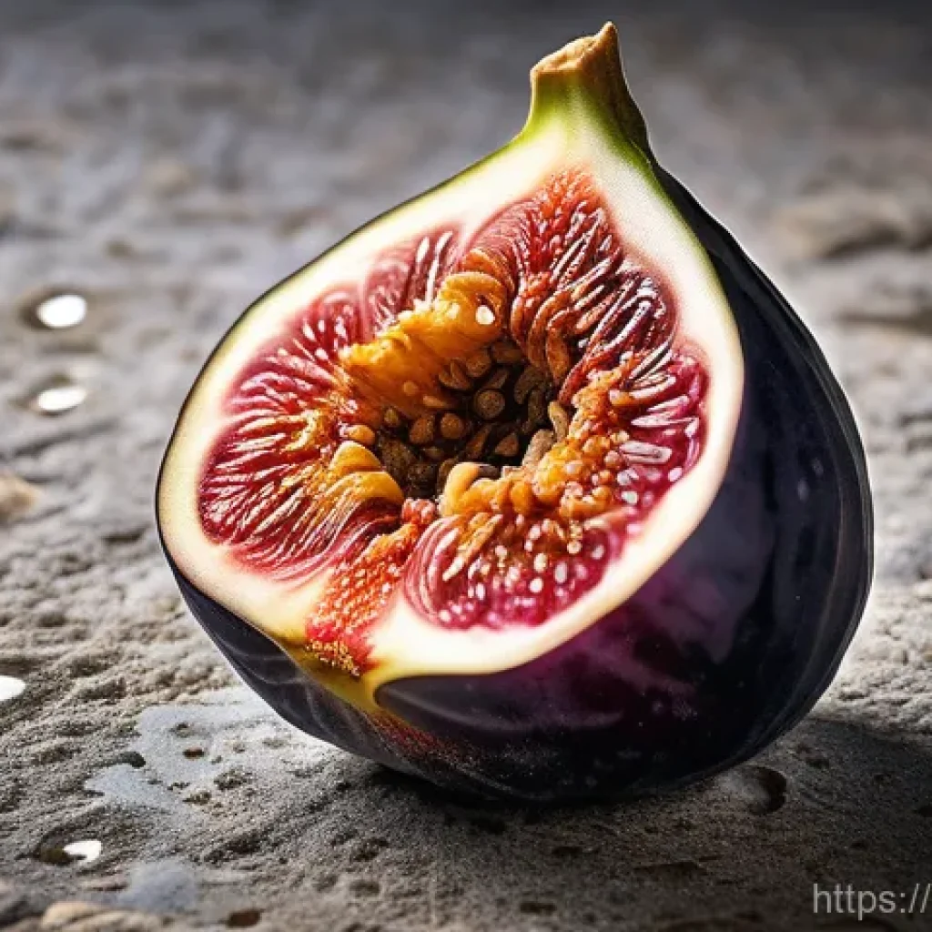 라바의 애니메이션 품질 개선 사례 - A highly detailed, macro-level illustration of a single, plump, ripe fig resting on a textured, weat...