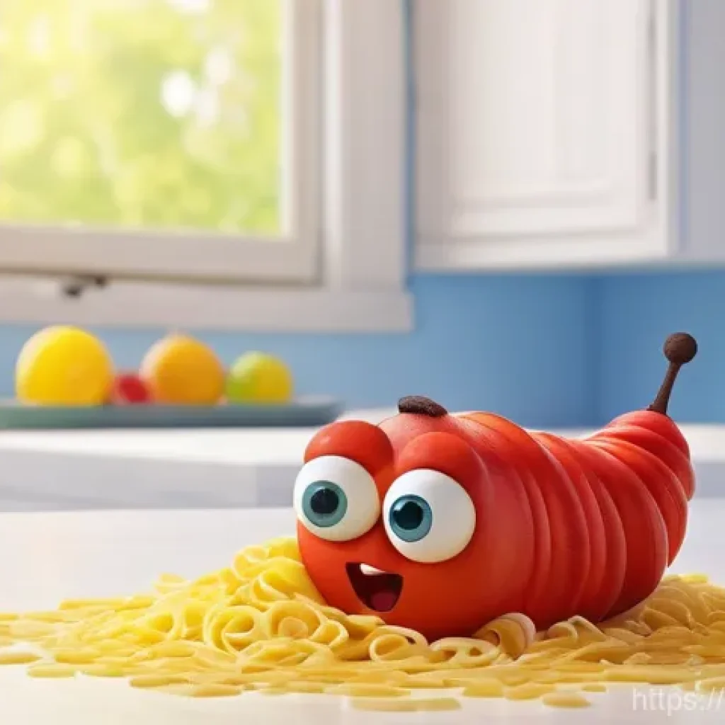 라바의 대사 없는 스토리텔링 기술 - A whimsical 3D animated scene capturing Red and Yellow Larva in a comical food struggle. Red, the sm...