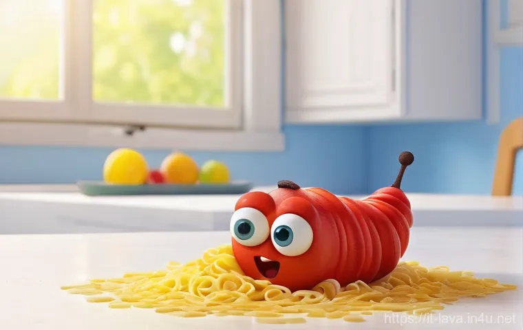 라바의 대사 없는 스토리텔링 기술 - A whimsical 3D animated scene capturing Red and Yellow Larva in a comical food struggle. Red, the sm...