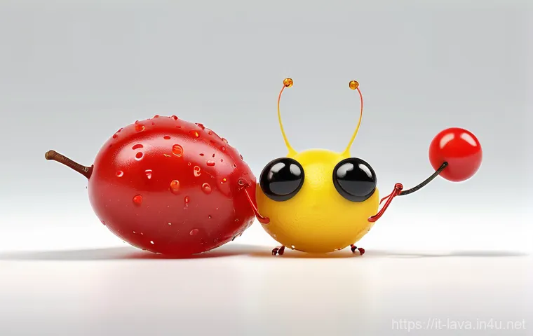 라바의 대사 없는 스토리텔링 기술 - A whimsical 3D animated scene capturing Red and Yellow Larva in a comical food struggle. Red, the sm...