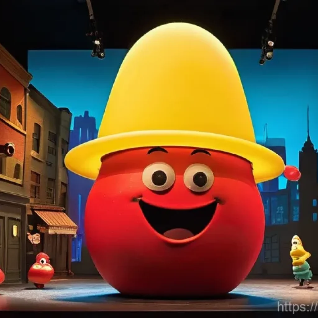 라바를 주제로 한 어린이 연극 - **Prompt 1: Larva's Theatrical Mishap**
Generate an image of the Red and Yellow Larva characters...