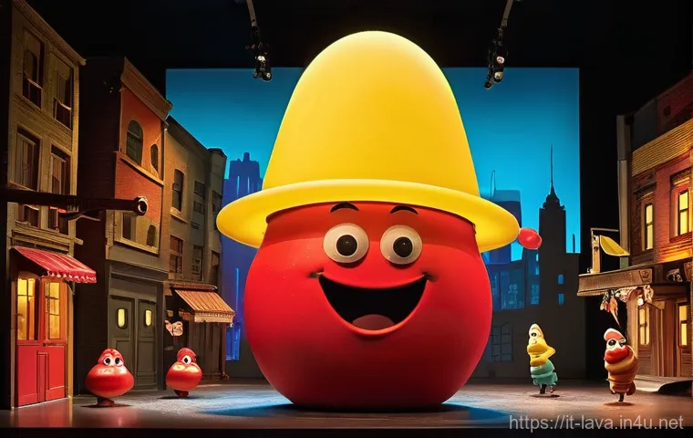 라바를 주제로 한 어린이 연극 - **Prompt 1: Larva's Theatrical Mishap**
Generate an image of the Red and Yellow Larva characters...