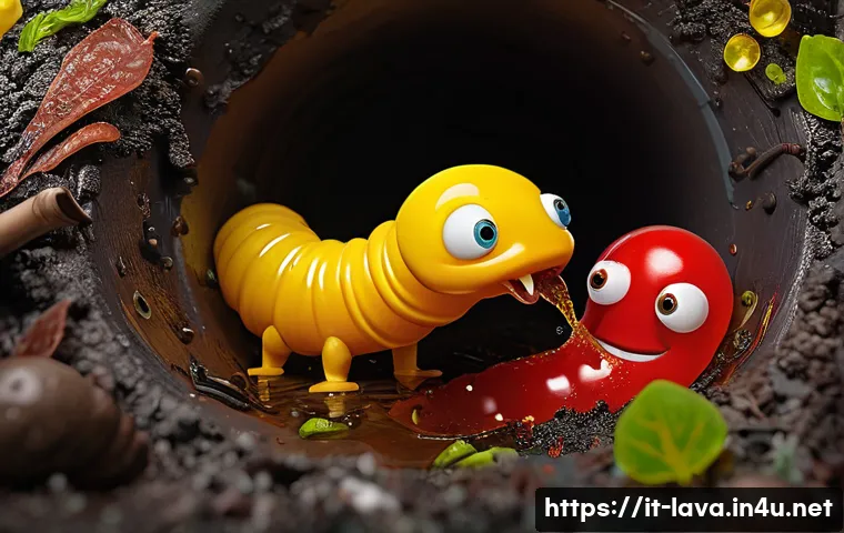 라바 시리즈별 등장인물 - **Prompt:** "A brightly lit, stylized scene inside a cluttered sewer pipe. Red and Yellow from 'Larv...