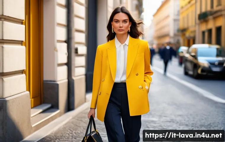 라바 옐로우의 성격 및 역할 - A chic Italian woman, in her early 30s, exudes confidence while strolling down a fashionable street ...