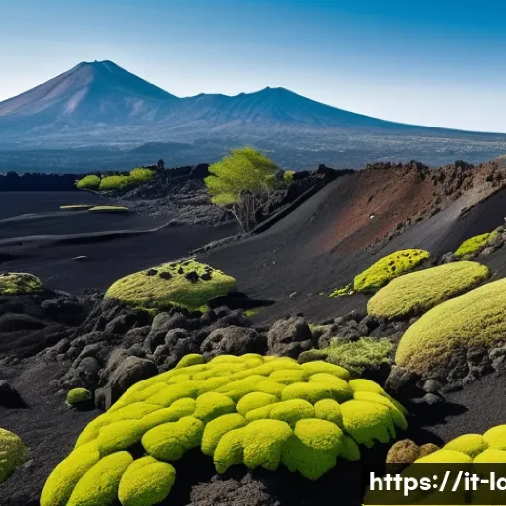 라바와 연결된 문화적 상징성 - A panoramic view of Mount Etna&rsquo;s volcanic landscape during early spring, showcasing black solidified...