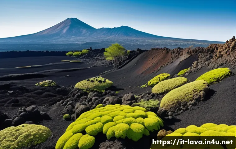 라바와 연결된 문화적 상징성 - A panoramic view of Mount Etna&rsquo;s volcanic landscape during early spring, showcasing black solidified...