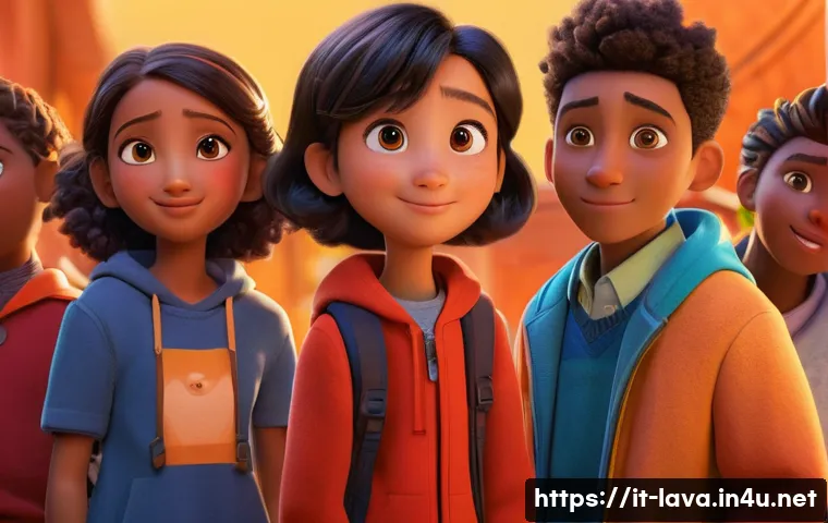 라바 캐릭터들 간의 상징적 관계 - A group of diverse animated characters standing close together in a warm, glowing environment, each ...