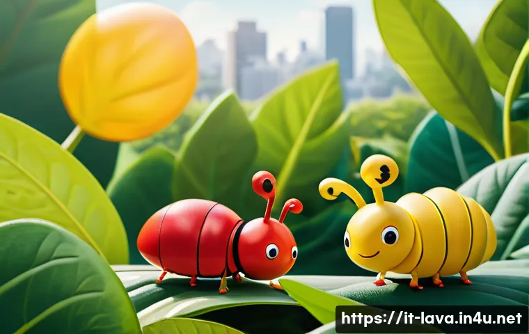 라바의 스토리텔링에서 가족적 요소 - A vibrant and charming scene featuring two cartoonish insect characters resembling larvae, one brigh...