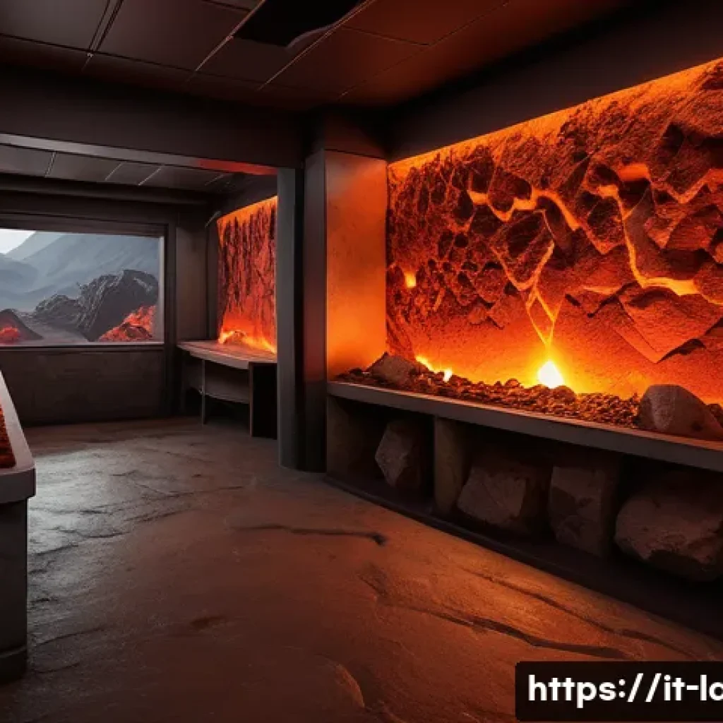 라바 테마의 방탈출 카페 리뷰 - A highly detailed escape room interior inspired by an active volcano environment, featuring glowing ...