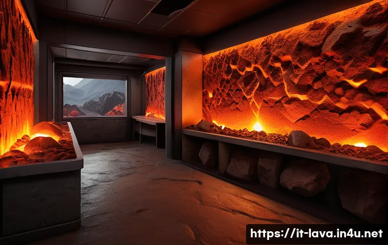 라바 테마의 방탈출 카페 리뷰 - A highly detailed escape room interior inspired by an active volcano environment, featuring glowing ...