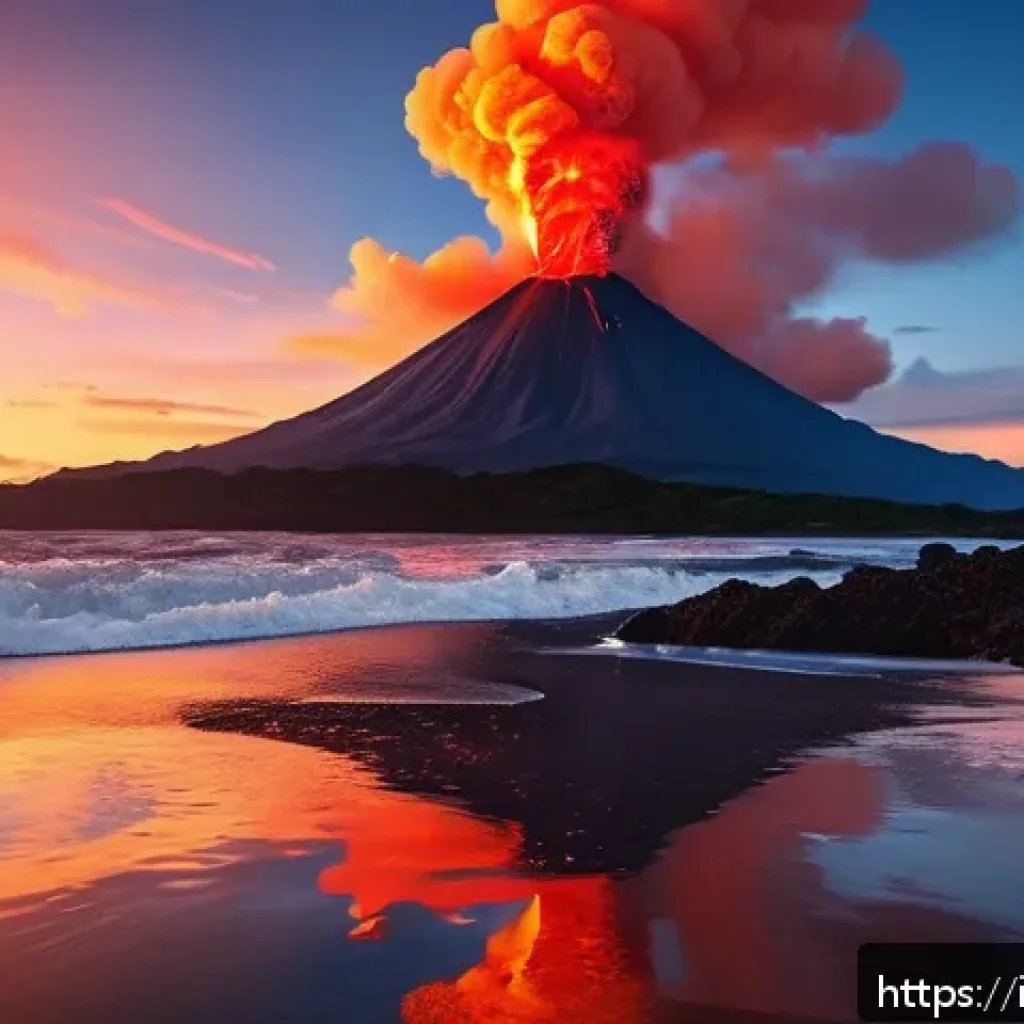 라바 애니메이션 제작 과정 - A stylized animation scene depicting a majestic volcano erupting with vibrant orange, red, and yello...