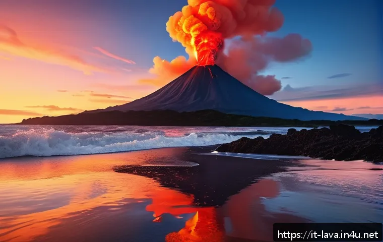라바 애니메이션 제작 과정 - A stylized animation scene depicting a majestic volcano erupting with vibrant orange, red, and yello...