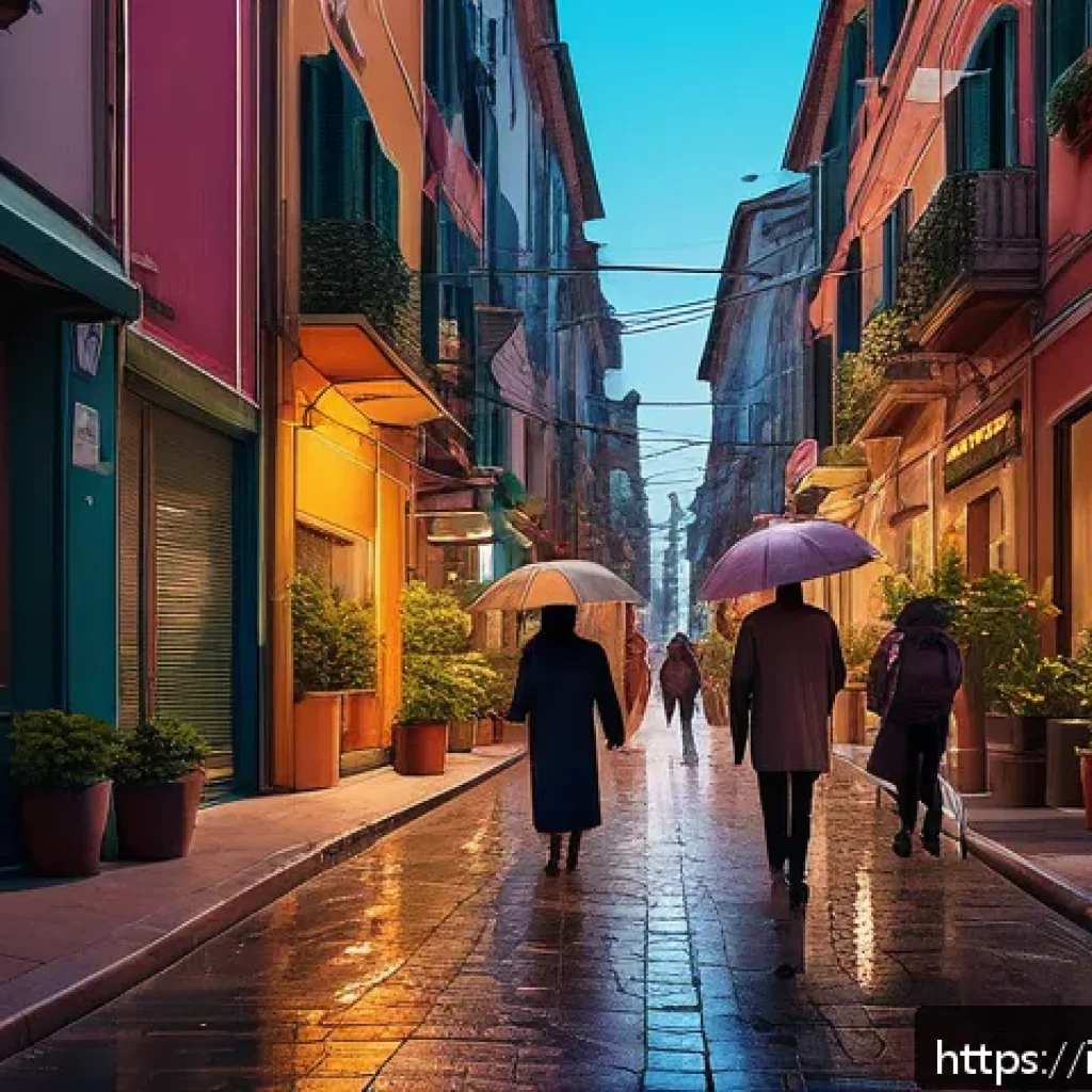 라바가 보여주는 도시적 삶의 아이러니 - A vibrant urban street scene at dusk, featuring stylized animated characters wearing modest clothing...