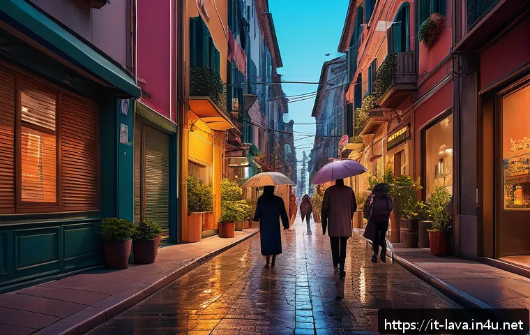 라바가 보여주는 도시적 삶의 아이러니 - A vibrant urban street scene at dusk, featuring stylized animated characters wearing modest clothing...