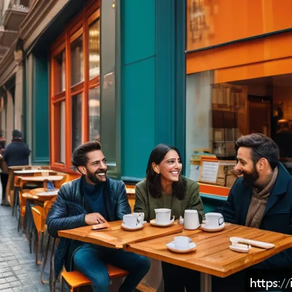 라바의 비주얼 커뮤니케이션 전략 - A vibrant, real-life urban caf&eacute; scene in Milan during golden hour, featuring diverse Italian custome...