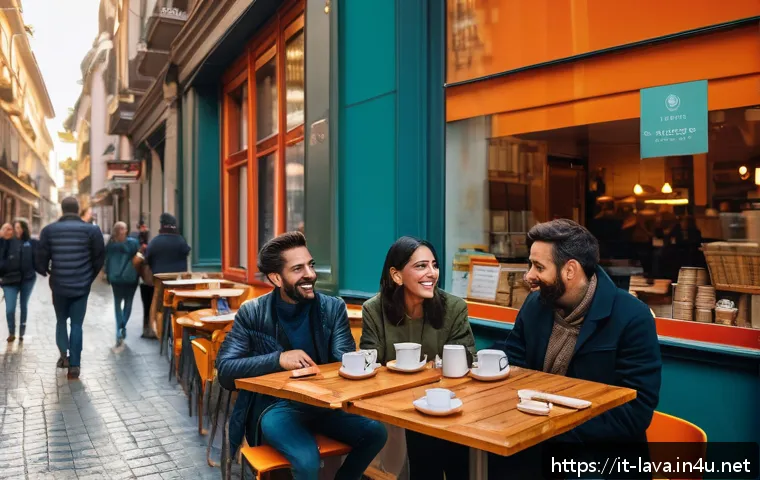 라바의 비주얼 커뮤니케이션 전략 - A vibrant, real-life urban café scene in Milan during golden hour, featuring diverse Italian custome...