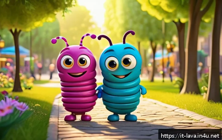 라바 시청자 피드백 사례 - A vibrant and playful scene featuring two cartoon larvae characters designed with enhanced expressiv...