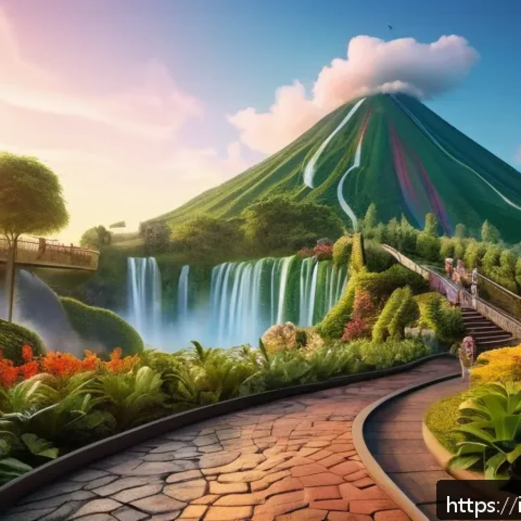 라바 테마파크 위치와 특징 - A vibrant and immersive theme park scene blending natural and technological elements: lush greenery ...