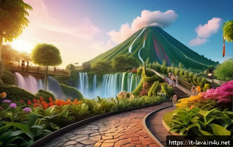 라바 테마파크 위치와 특징 - A vibrant and immersive theme park scene blending natural and technological elements: lush greenery ...